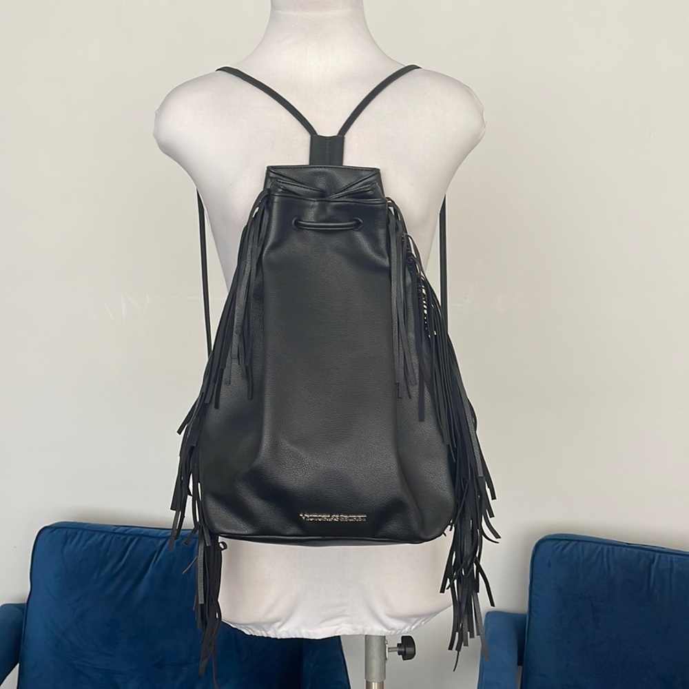 Faux Leather Black Fringe Drawstring Backpack